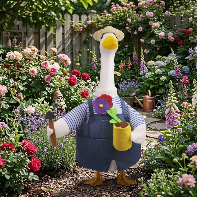Erythem Gardener Porch Goose Outfits, Cute Spring Porch Goose Clothes with Straw Hat, Shovel & Flower Pot Fits 23" Cement Plastic Geese Statue for Outdoor Garden Yard Decor