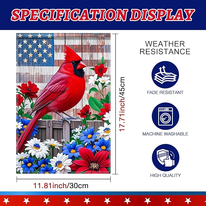 BlissYard 4th of July Cardinal Bird Garden Flag 12x18 Double Sided Patriotic American Yard Red Bird Dogwood Flower Memorial Day Independence Day Holiday Outside Decorations Yard Flag