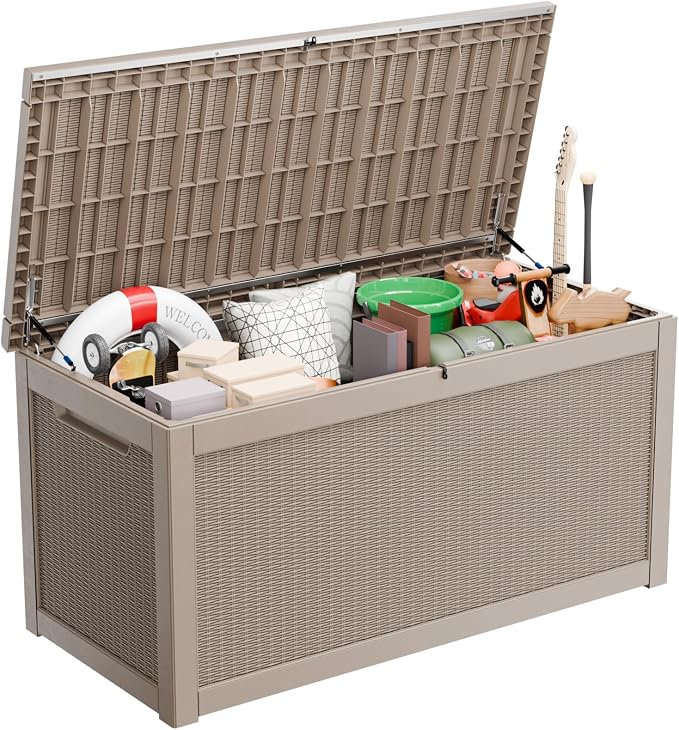 320 Gallon Outdoor Deck Box, Resin Waterproof Storage Box With Lockable Lid, UV-Resistant Multi-Purpose Outdoor Storage Bench for Patio Cushions, Garden Tools, Pool Accessories (Grey)
