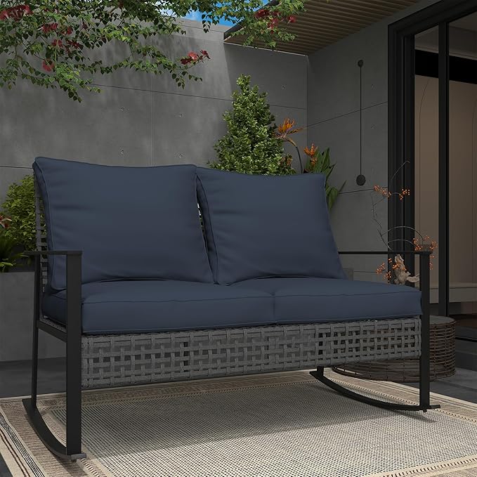 Ainfox Outdoor Wicker Loveseat Rocking Chair, Patio Rattan Rocker Chair with Cushions，All-Weather Modern Cozy Rocking Wicker Furniture for Garden Backyard Porch, Grey