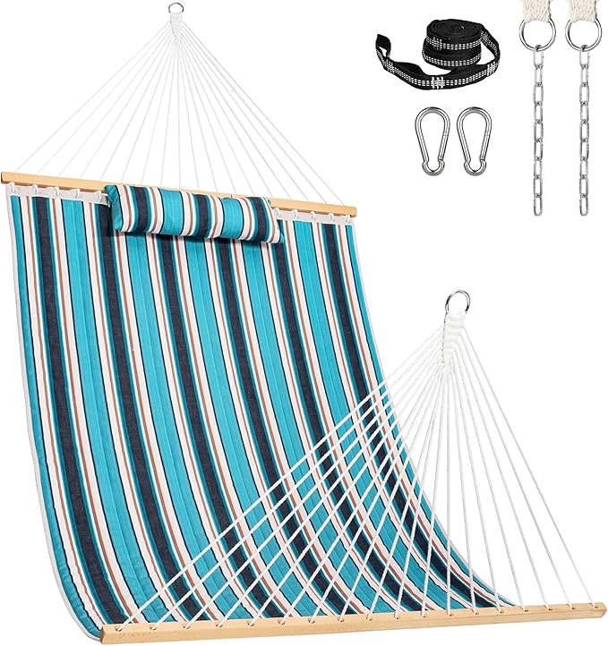 Lazy Daze Hammocks 12 FT Sunbrella Fabric Quilted Hammock Double Sunbrella Quilted Hammock with Spreader Bars & Pillow, All Weather and Fade Resistant for Outdoor, 450 lbs Capacity, Token Surfside