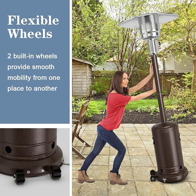COSTWAY Outdoor Patio Heater, 50000 BTU Propane Heater with Stainless Steel Burner and Wheels, Triple Protection System, Standing Portable Outside Heater for Porch, Deck, Home and Commercial, Bronze