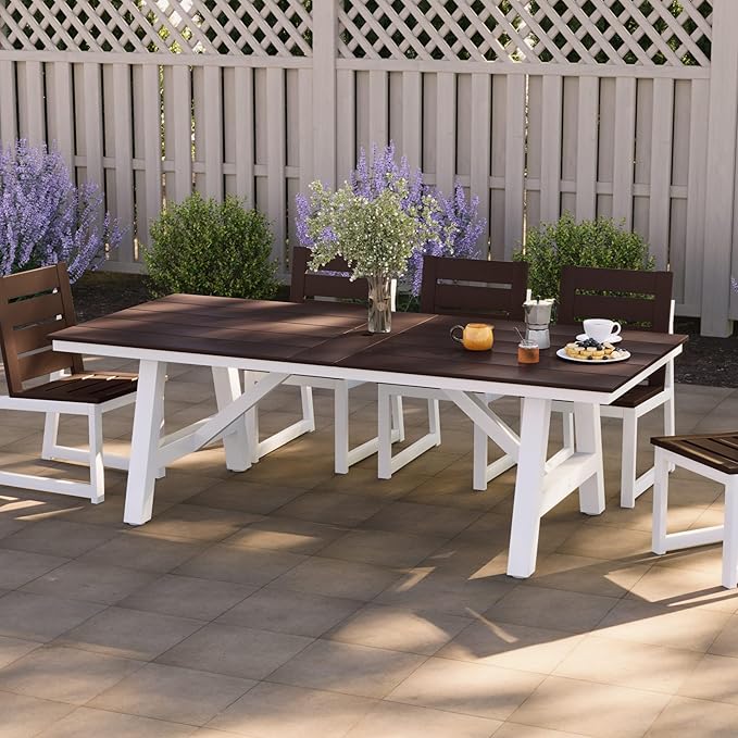 Costaelm Rectangle Patio Table, 8-Person Backyard Table 90" HDPE Dining Table with Umbrella Hole and Metal Frame for Outside, Garden, Poolside, Deck, Porch, Balcony, Dark Brown
