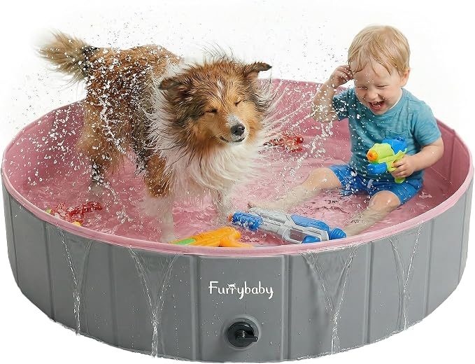 Furrybaby Dog Pool, Kiddie Pool with Hard Plate Collapsible Pet Bath Foldable Swimming Pet Pool Portable Pink 40''