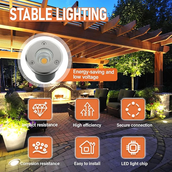 6 Pack Low Voltage Landscape Lights Well Lights 12-24V IP67 Waterproof In Ground Light and Outdoor Landscape Lighting for Garden Yard Driveway Deck Step Up Light with Connectors(Warm White)