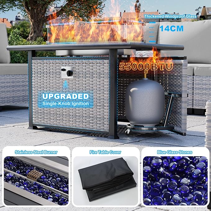 8-Piece Modern Patio Furniture Set with 55,000 BTU Fire Pit Table, Thick Cushions, Dual-Strand Wicker Rattan, Rust-Resistant Frame, Grey