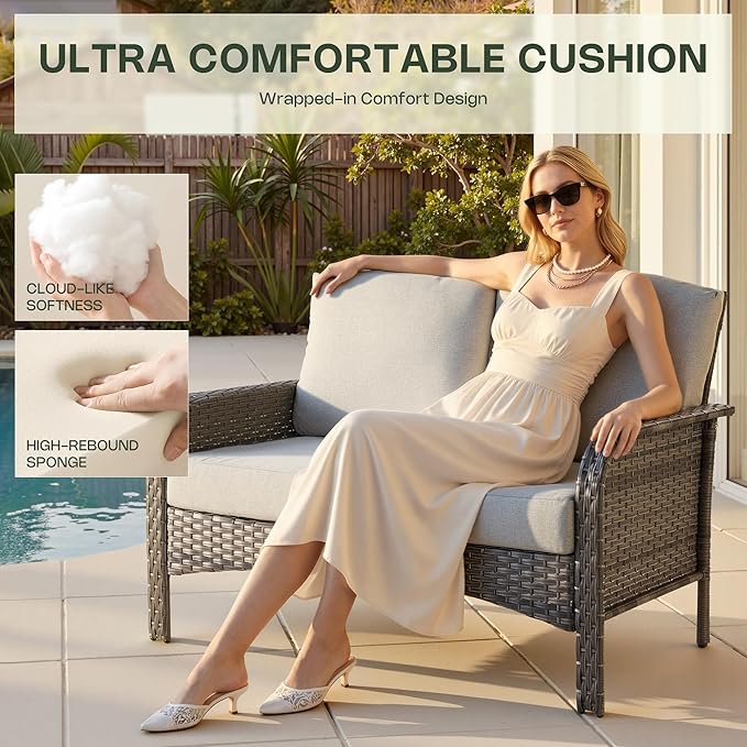 5-Piece Patio Furniture Set, Outdoor Wicker Furniture with Coffee Table, High Back Swivel Rocker Patio Chairs, Modern Rattan Outdoor Chairs Conversation Set for Porch, Balcony, Garden, Grey