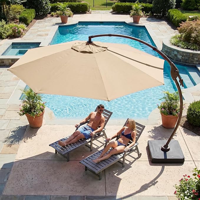 Cantilever Umbrella with Heavy-Duty Base, Outdoor Large Round Aluminum Offset Umbrella for Patio Garden Backyard, UV-Resistant Waterproof Canopy, 360° Rotation & Tilt Adjustment