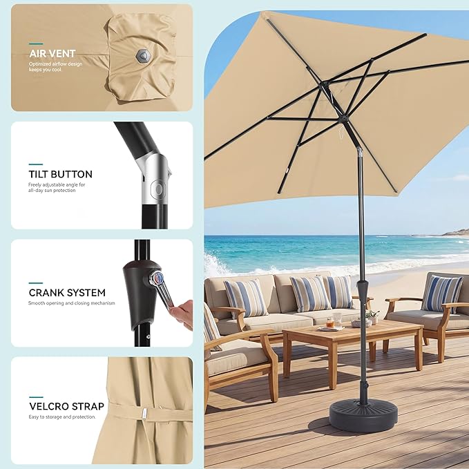Rectangular Patio Umbrella, 6.5 x 10 ft Rectangle Table Umbrellas w/Heavy Duty Ribs, Effortless Crank and Push Button Tilt, Wind Resistant Sun Umbrella for Outdoor Patio, Beige
