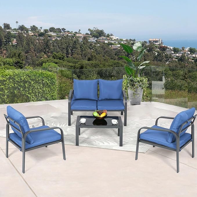 Athena Collection Patio Furniture Set 4 Pieces Outdoor Conversation Sets with Coffee Table & Cushions, All Weather Bistro Chairs Set for Balcony, Lawn, Garden, Poolside, Blue