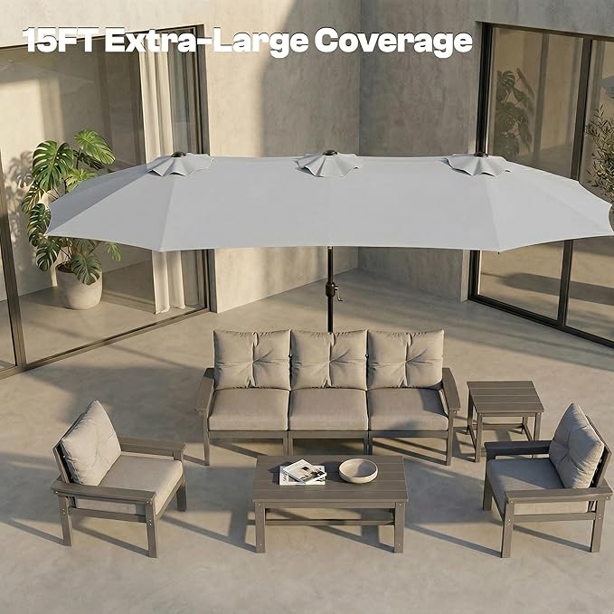 15FT Large Outdoor Patio Umbrella with Solar Lights and Base, Double-Sided Table Umbrellas with 48 LED Lights, Rectangle Market Umbrella for Pool, Deck, Backyard