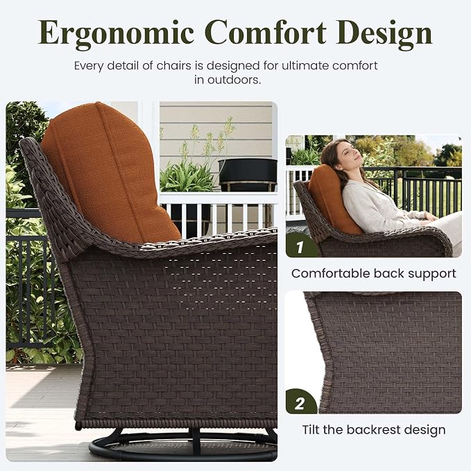 LayinSun 5 Piece Wicker Outdoor Furniture Set with 6-inch Comfy Cushions, High Back Patio Furniture Set with Swivel Rocking Chairs and Side Table