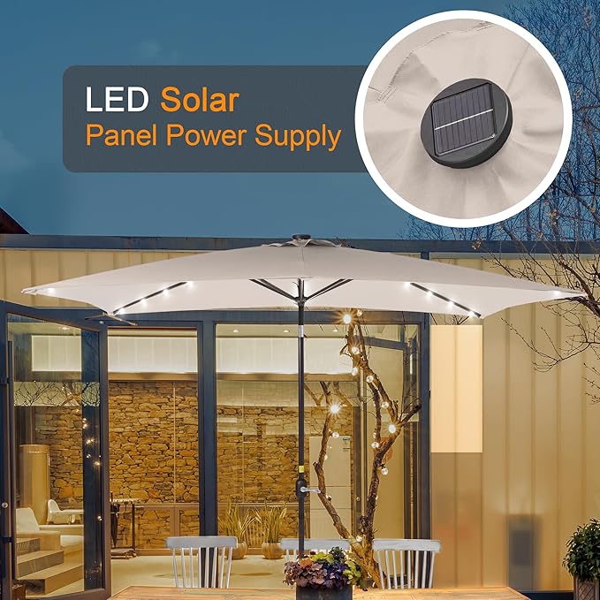 Rectangle Patio Umbrella with Solar Lights, 6x9ft Outdoor Rectangular Table Market Umbrella Patio with Push Button Tilt and Crank for Pool, Deck, Garden,Backyard