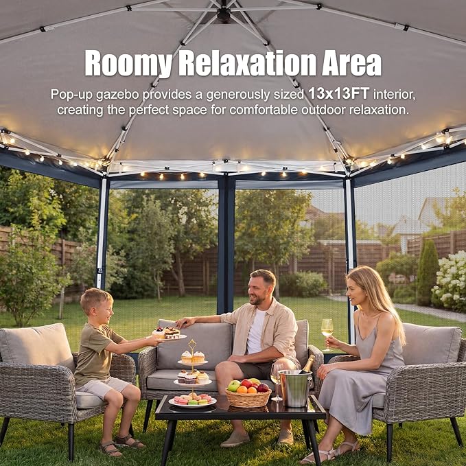 COBIZI 16x16 Pop Up Gazebo Tent with Mosquito Netting, Gazebos on Clearance, Hexagonal Outdoor Canopy Shelter, Patented Center Lock 6-Sided Portable Gazebos, Pop Up Canopy Tent for Backyard, Gray