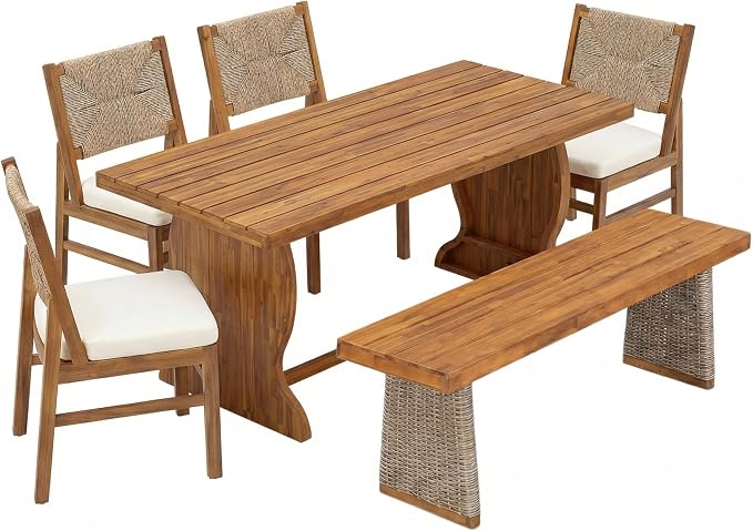 Christopher Knight Home 6-Piece Outdoor Dining Set, 70" Acacia Wood Patio Table with 4 Light Brown Wicker Chairs with Cream Cushions and 1 Bench, Teak Finish Outdoor Furniture Set for Garden Porch