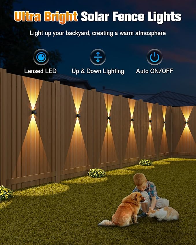 VOLISUN Solar Fence Lights 12 Pack, Color Glow LED Up and Down Wall Lamp, IP65 Waterproof Solar Lights Outdoor for Patio, Backyard, Railing, Deck, Fence and Wall（2 Lenses）