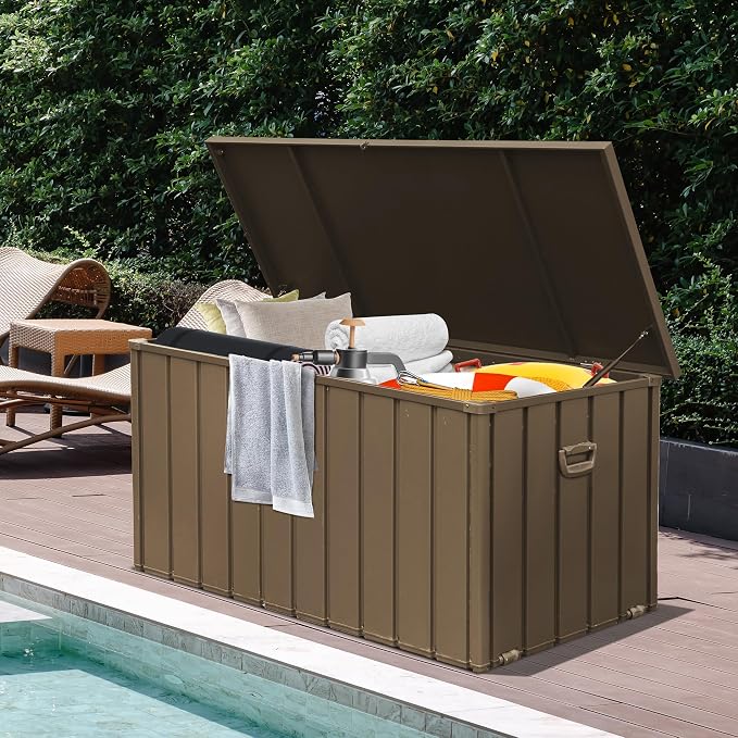 Domi Deck Box Outdoor Storage Box 200 Gallon, Lockable Storage Cabinet Deck Box Outdoor Waterproof, Large Metal Storage Bin for Patio Furniture Cushions Garden Tools Pool-Supplies, Brown