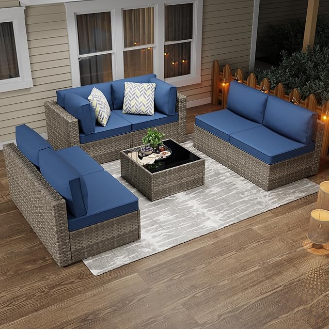 JAMFLY 7-Piece Outdoor Patio Furniture Set, Modular PE Rattan Sectional Sofa with Thick Cushions & Glass Coffee Table for Poolside, Balcony, Garden(Blue Cushion)