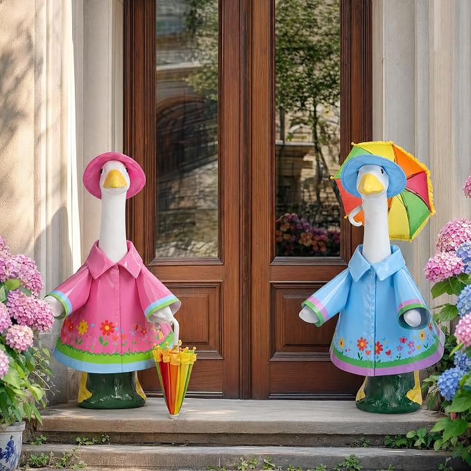 DECOHS 2 Set Raincoat Porch Goose Outfits, Summer Lawn Goose Statue Raincoat Costume, Yard Goose Clothes Raincoats Umbrella Hat Outfit for 23" Statue Patio Garden Decoration (Blue & Rosy)