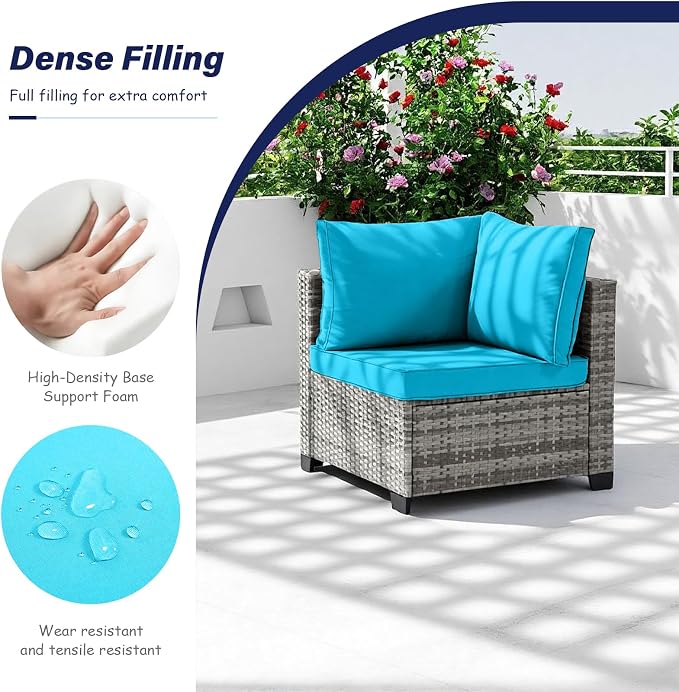 7-Piece Outdoor Patio Furniture Set, Gray PE Rattan Sectional Sofa with Turquoise Cushions and Steel Frame, Coffee Table Included, Modular Outdoor Conversation Set for Patio Garden Poolside