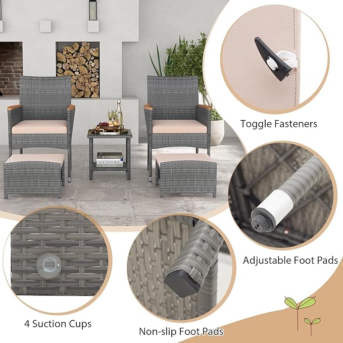 HAPPYGRILL 5 Pieces Wicker Patio Conversation Set, PE Rattan Porch Chairs with Ottomans, 2-Tier Coffee Table, Cushions, Outdoor Furniture Set for Garden, Poolside, Balcony