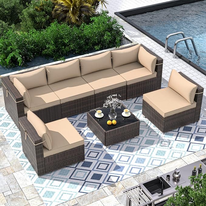 Outdoor Patio Furniture Set 7 Pieces Sectional Rattan Sofa Set, PE Rattan Wicker Patio Conversation Set with 6 Seat Cushions and 1 Tempered Glass Table and Furniture Cover, Brown