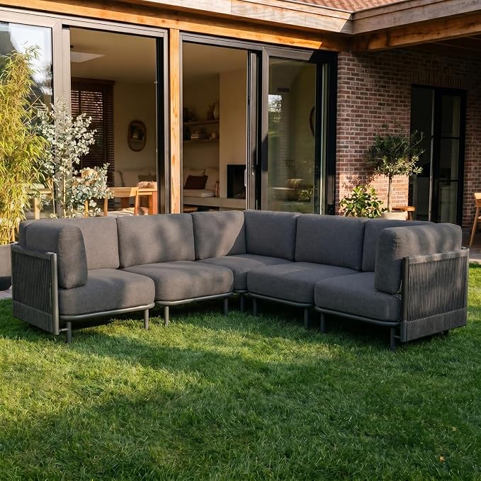 LayinSun 5 Pieces Patio Furniture Set, Modern Outdoor Modular Sectional Conversation Set L-Shaped Sofa with 7-inch Cushion for Garden Backyard Deck