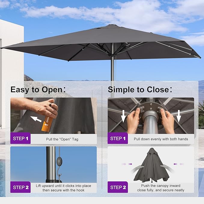 PURPLE LEAF 13 X 13 FT Extra Large Commercial Square Patio Umbrella Maximum Coverage Heavy Duty Wind Resistant Vented Canopy Reinforced Frame for Restaurant Hotel Resort Cafe Outdoor Dining Area Business Use Grey