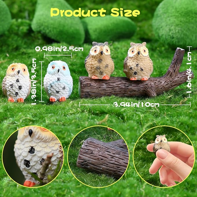 4pcs Mini Resin Owls and 1pcs Branch, Miniature Owl Figurines for Fairy Garden Accessories, Plant Pot, Bonsai Craft Decor, Cake Topper, DIY Home Micro Landscape Ornaments