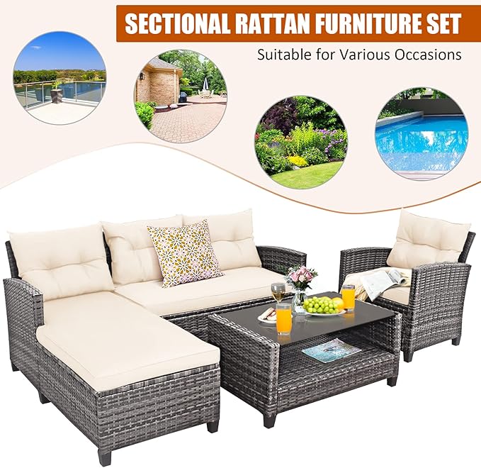 Tangkula 4 Pieces Rattan Conversation Set, Patiojoy Outdoor Furniture Set with Cushions, Lounge Sofa Set with Coffee Table, Patio Sectional Sofa Set for Patio Garden Poolside Backyard (White)