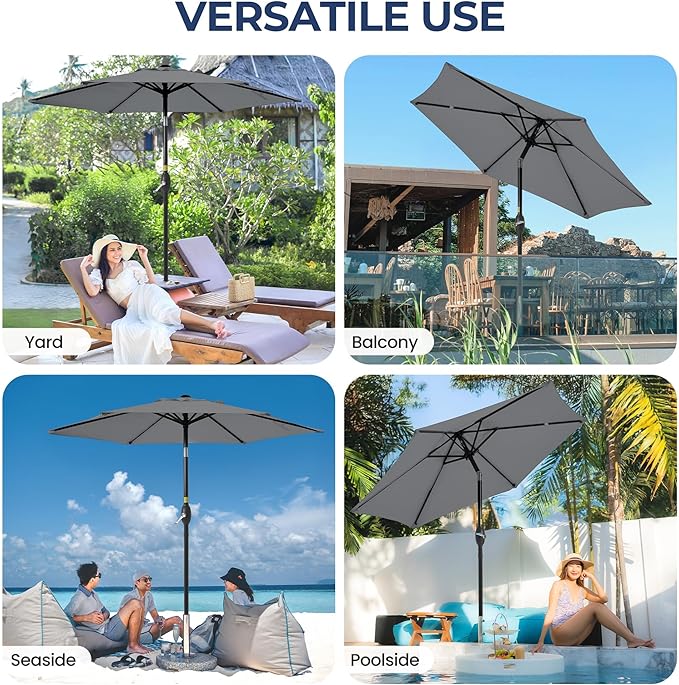SUNVIVI OUTDOOR 7.5' Outdoor Patio Umbrella, Patio Umbrella, Market Umbrella, Aluminum Pole Umbrella with Push Button Tilt and Crank, 6 Ribs, Polyester Canopy, Grey