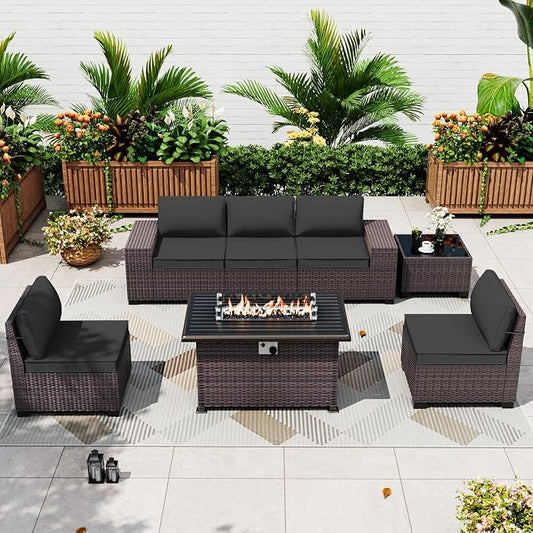 ALAULM 7 Pieces Patio Furniture Set with Fire Pit Table 55000BTU, Oversized Seat/Armrest and High Back Wicker Conversation Set with Thick Cushion for Backyard, Garden, Black