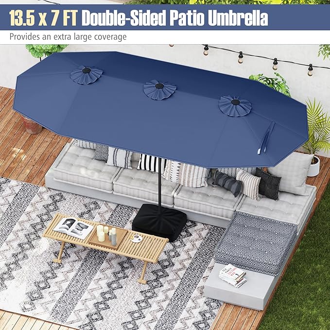 Tangkula 13FT Double-sided Patio Umbrella, Extra Large Twin Table Umbrella with Crank Handle, Umbrella Base, Safety Lock, Air Vent, Outdoor Market Umbrella for Garden Pool Backyard (Navy)