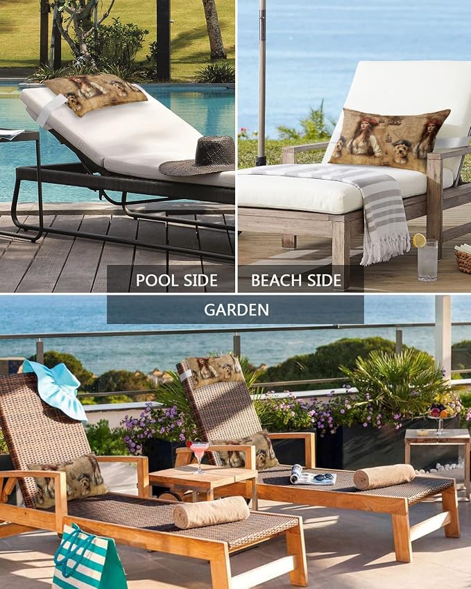 Outdoor Pillows Covers with Inserts Pirate Girl Cute Dog Treasure Map Waterproof Recliner Pillow with Adjustable Strap Throw Pillows for Patio Furniture Pool Lounge Chair, 12x20 inch, 2PCS