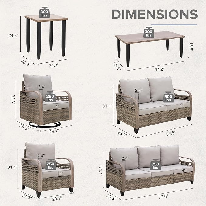 COOS BAY Modern Wicker Outdoor Furniture Set, 8 Piece Patio Conversation Set with 2 Swivel Rockers, 2 Patio Chairs, a 3 Seat Couch, a Loveseat, Coffee Table and Side Table, 8 Piece, Brown/Gray