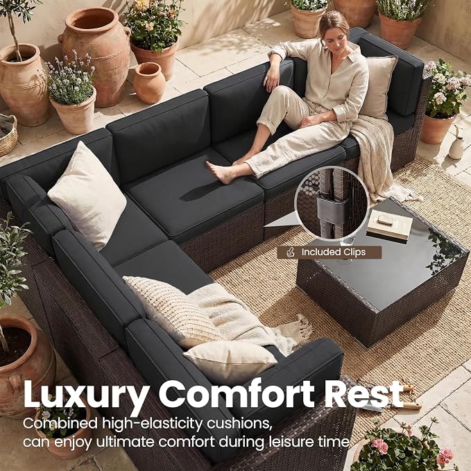 15 Pieces Patio Furniture Set with 44" Propane Gas Fire Pit Table, Outdoor Sectional Brown Rattan Wicker Conversation Sofa Sets with Coffee Table
