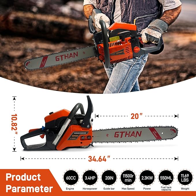 Gas Chainsaw 20 Inch 60cc Chain Saw Gas Powered 2-Cycle Handed Petrol Gasoline for Cutting Wood Outdoor Garden Farm Use