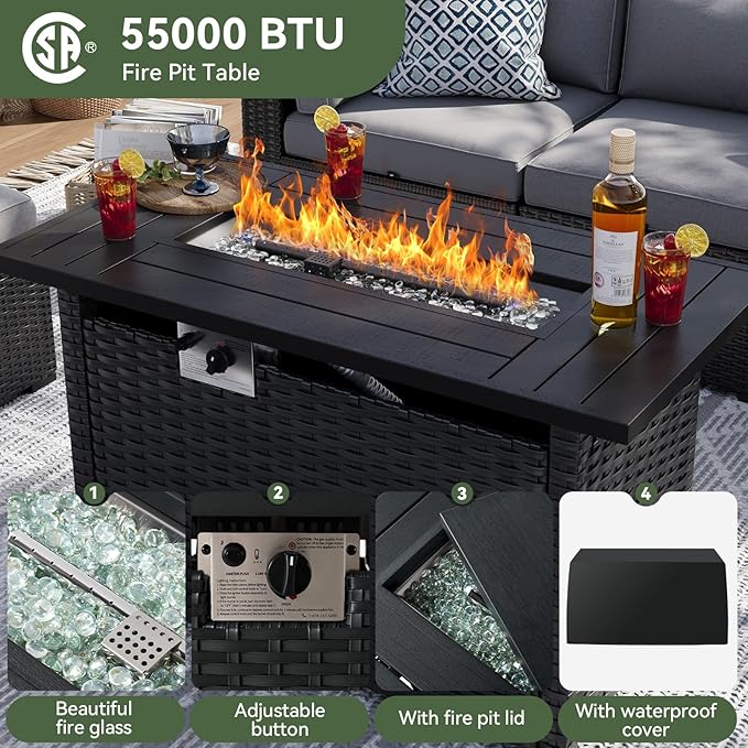 Aoxun 8 Piece Patio Furniture Set with 44” Fire Pit Table Wicker Rattan Patio Sectional Sofa Set Outdoor Seating Furniture with Thickened Cushion, Grey