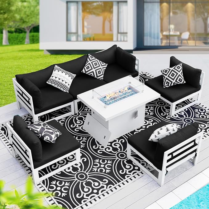 BULEXYARD 7 Piece Luxury Aluminum Outdoor Sectional Sofa with Fire Pit Table, Oversized L Shaped Patio Furniture Set, 29 inch Deep Wide Seating, 500 lbs Heavy Duty Conversation Set for Backyard, Black
