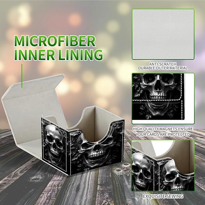 Card Deck Box for MTG, Cards Storage Box Fits 120+ Sleeved, Leather Small Size Strong Magnetic Closing Card Case for Board Games Magic TCG CCG Baseball Collection, Dark Skull