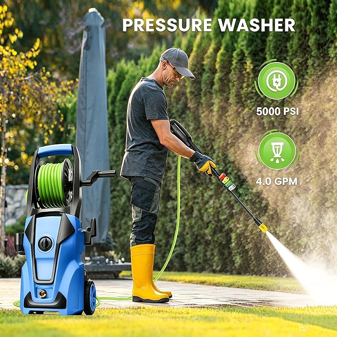 Electric Pressure Washer 5000PSI Adjustable Pressure with 33FT Hose, 4 Nozzle, Power Washer for Home Cars Driveways, Blue