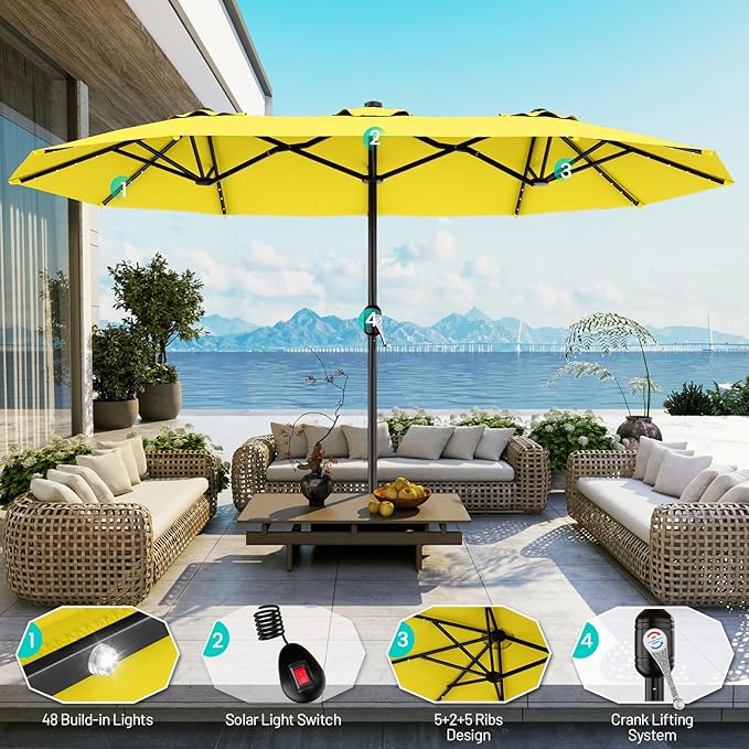 AreShark 13 FT Patio Umbrella with Solar Lights, Double-Sided Outdoor Table Umbrellas with Crank, Large Rectangular Market Umbrella for Porch, Lawn, Pool, Backyard, Yellow