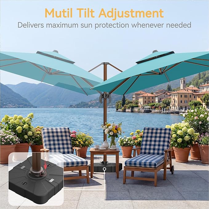 10x13 FT Wood Pattern Patio Umbrella with Base, Large Deluxe Cantilever Rectangular Double Top Heavy Duty Offset Umbrellas with 360° Rotation, Outdoor shade for Garden Pool Patio, Turquoise