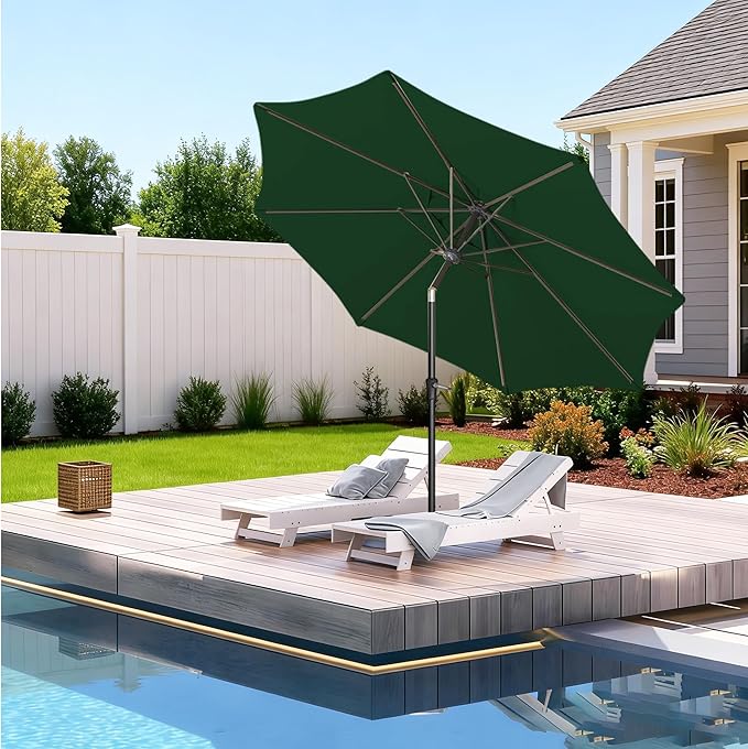 9FT Outdoor Patio Umbrella Outdoor pool Umbrella with Push Button Tilt and Crank, Market Umbrella 8 Sturdy Ribs UV Protection for Garden, Deck, Backyard (Green)