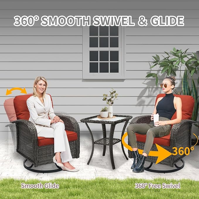 SHGJ&SOFT 3 Piece Patio Furniture Set, 2 Outdoor Swivel Rocking Chairs with Side Table, Wicker Glider Chairs, All-Weather Rattan Bistro Set for Porch, Deck, Pool (Red, Grey Full-Weave Rattan)