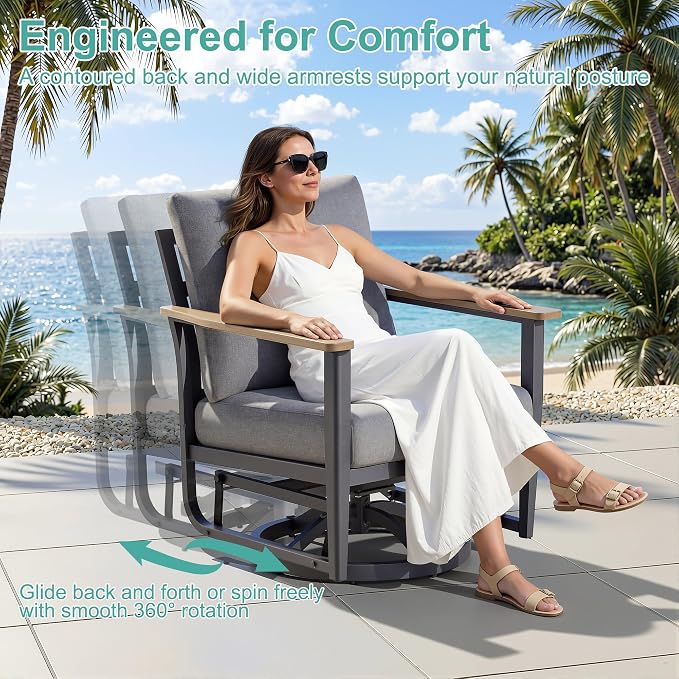 Aluminum Outdoor Patio Furniture Set with Swivel Rocking Chairs 7-Seat, Patio Sectional Sofa Patio Conversation Set with 55,000 BTU Fire Pit Table High Backrest & Thickened Cushions, Grey
