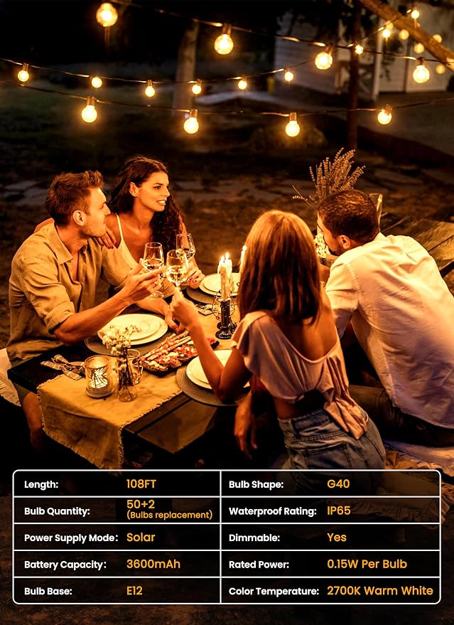 Brightown 108FT 52LED Solar String Lights Outdoor with Remote & USB Port | Shatterproof Bulbs, Dimmable & Timable, 3 Modes, Patio Lights Solar Powered with a Mount Clip for Camping Backyard Garden