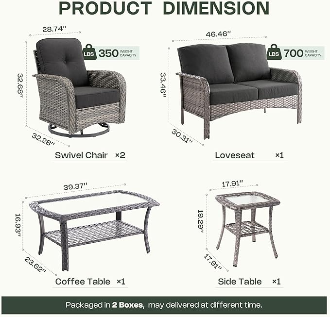 5-Piece Patio Furniture Set, Outdoor Wicker Furniture with Coffee Table, High Back Swivel Rocker Patio Chairs, Modern Rattan Outdoor Chairs Conversation Set for Porch, Balcony, Garden, Black