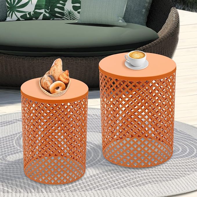 Cylindrical Outdoor Side Tables Set of 2, Metal Frame Accent Table End Table, Vintage Side Tables for Patio Gardens Balconies Cafes Parks (2, Orange)