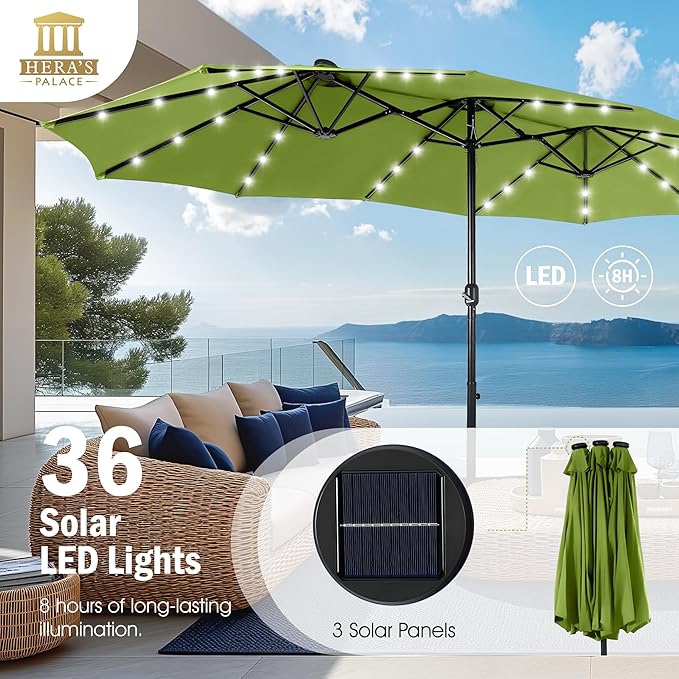 HERA'S PALACE 15ft Patio Umbrella with Base Included Double Sided Outdoor Umbrella for Patio Table Umbrella Outdoor 36 LED Solar Lights for Garden